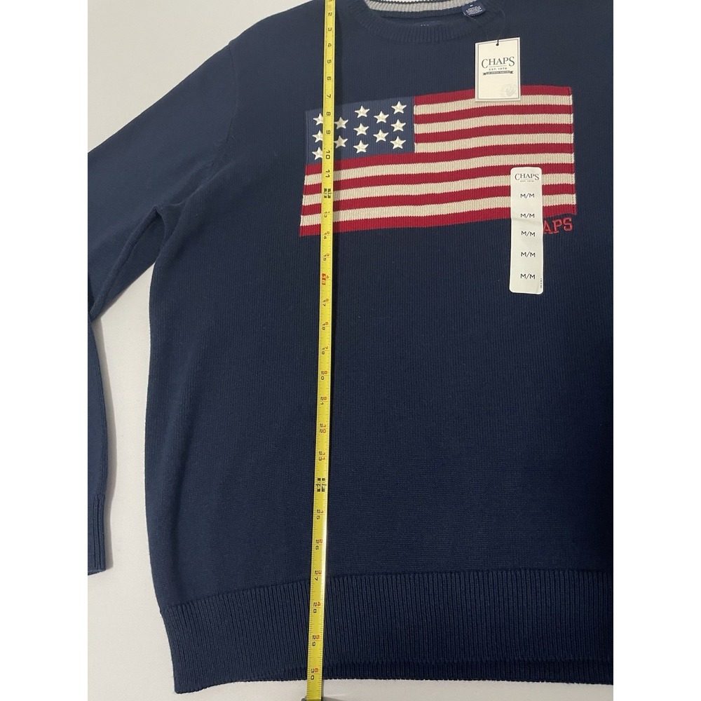 Chaps Sweater Mens Medium Blue DenimAmerican Flag Crewneck Pullover Knit USA NEW - Picture 4 of 6